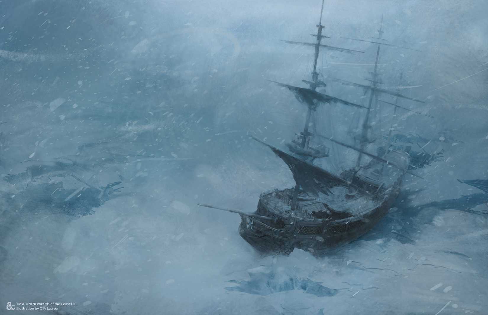 A ship trapped in the ice flows. A blizzard rages.