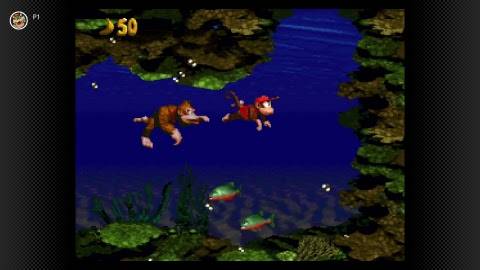 Screenshot of Donkey Kong and Diddy Kong in an underwater level of Donkey Kong Country