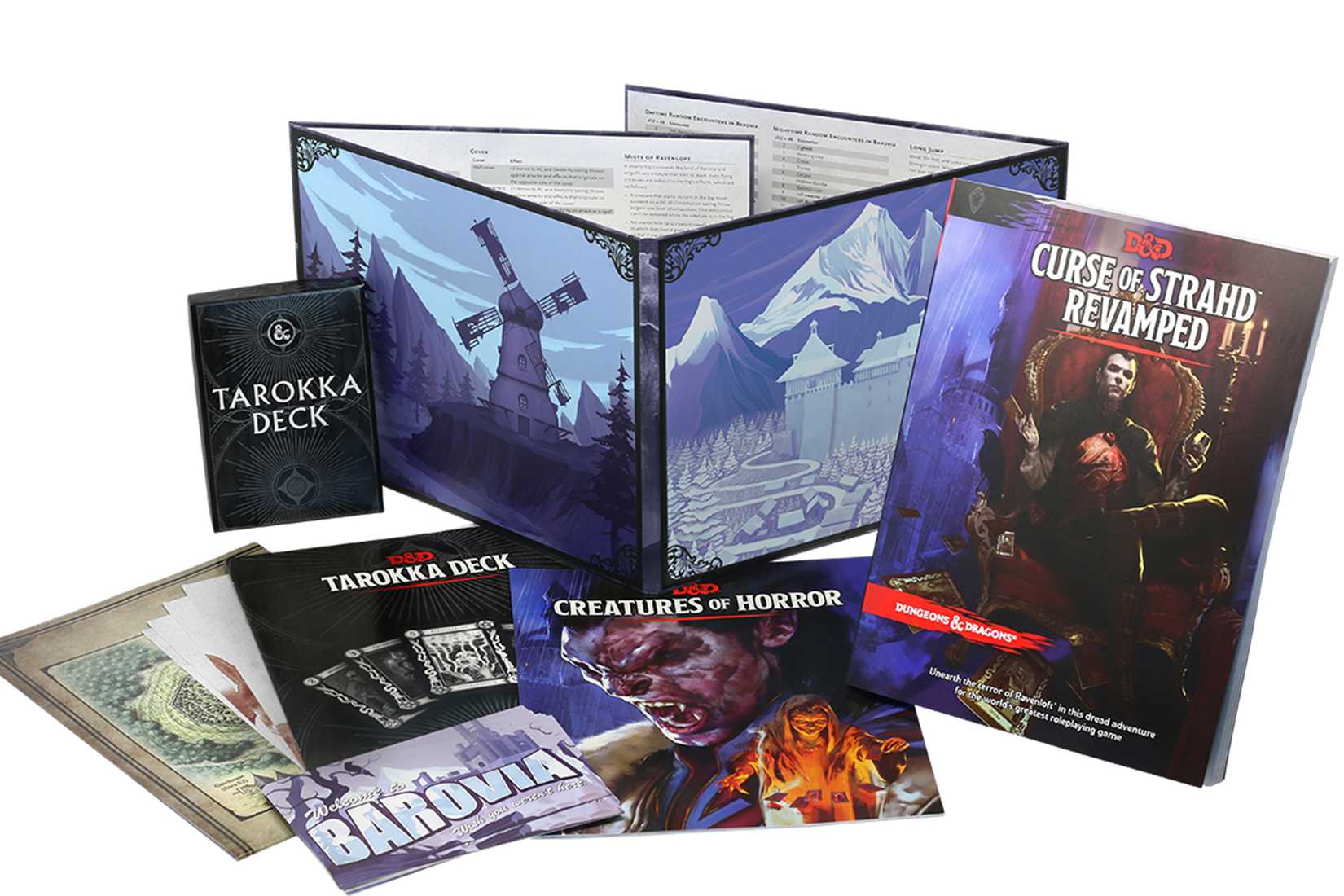 A softcover version of Curse of Strahd Revamped, plus a DM’s screen, supplementary booklets, and a deck of cards. There’s postcards as well... which will never leave the valley until the curse is lifted muhahahahaah. Cough.