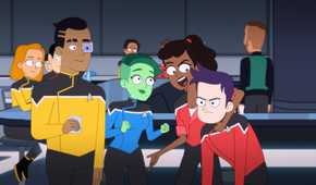 The cast of Lower Decks, the animated Star Trek series, roughhouses and goofs off on their starship.