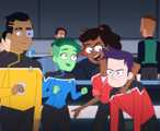 The cast of Lower Decks, the animated Star Trek series, roughhouses and goofs off on their starship.