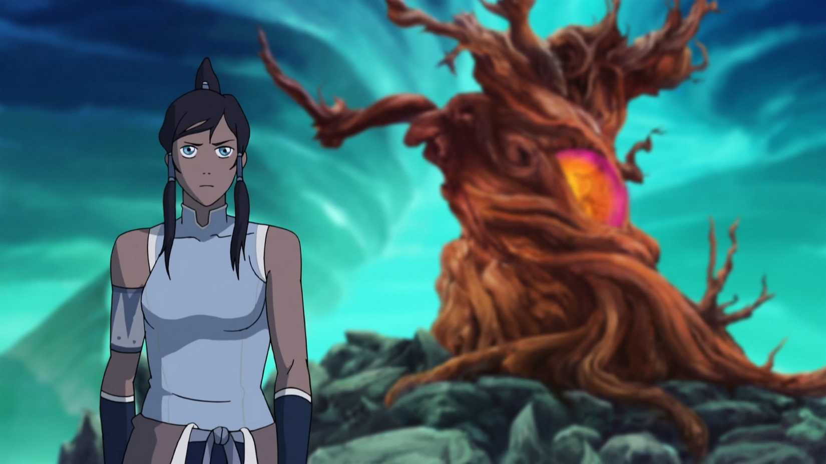 Korra stands in front of a glowing, twisted tree in The Legend of Korra