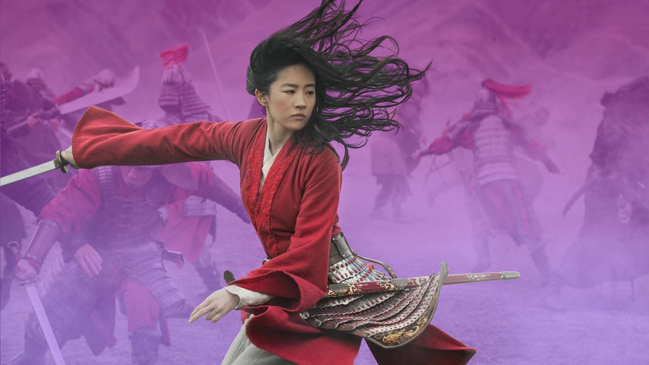 Character Mulan fighting in a battle with a sword on a misty purple background