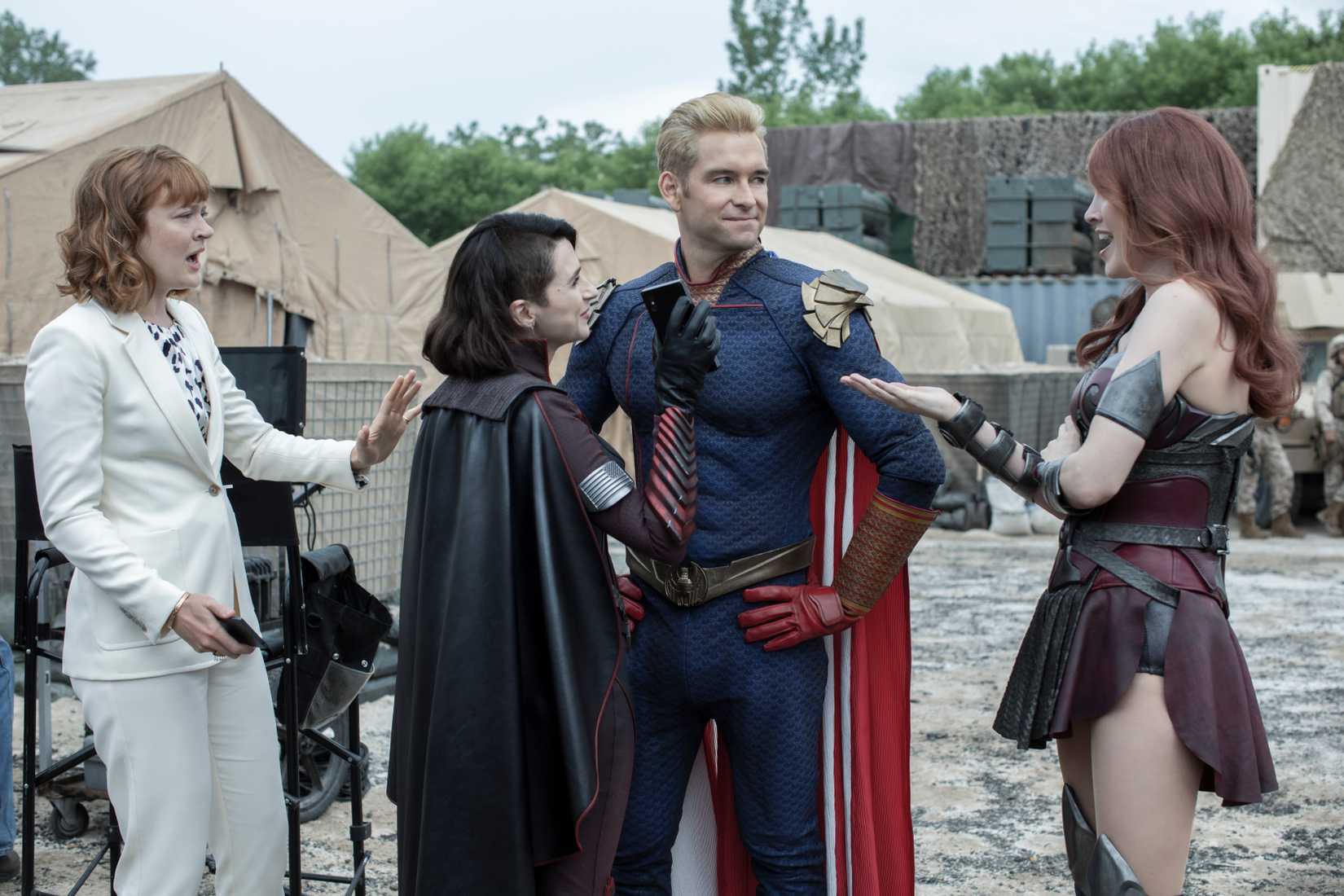 Homelander and Stormfront in a tense behind-the-scenes moment.