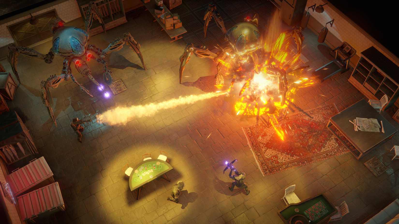 Wasteland 3 - a squad of Rangers attack two giant spider-robots