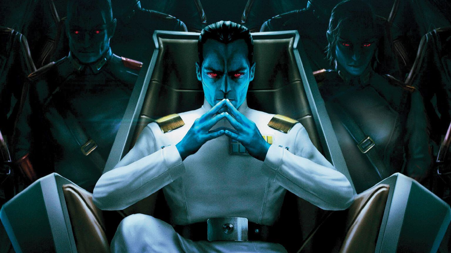 Thrawn, a dark-haired humanoid with blue skin, sits on a throne with steepled fingers in a detail from the cover of Timothy Zahn's novel 