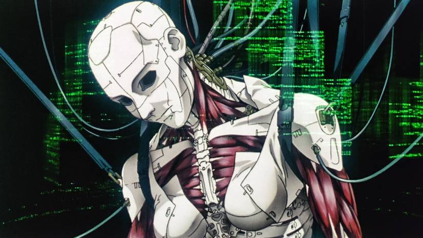 Ghost in the Shell 4K Ultra HD promo image of a robot hanging from wires