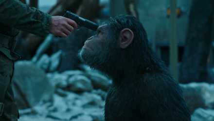 The ape Caesar (Andy Serkis) with a gun to his head in 2017’s War for the Planet of the Apes
