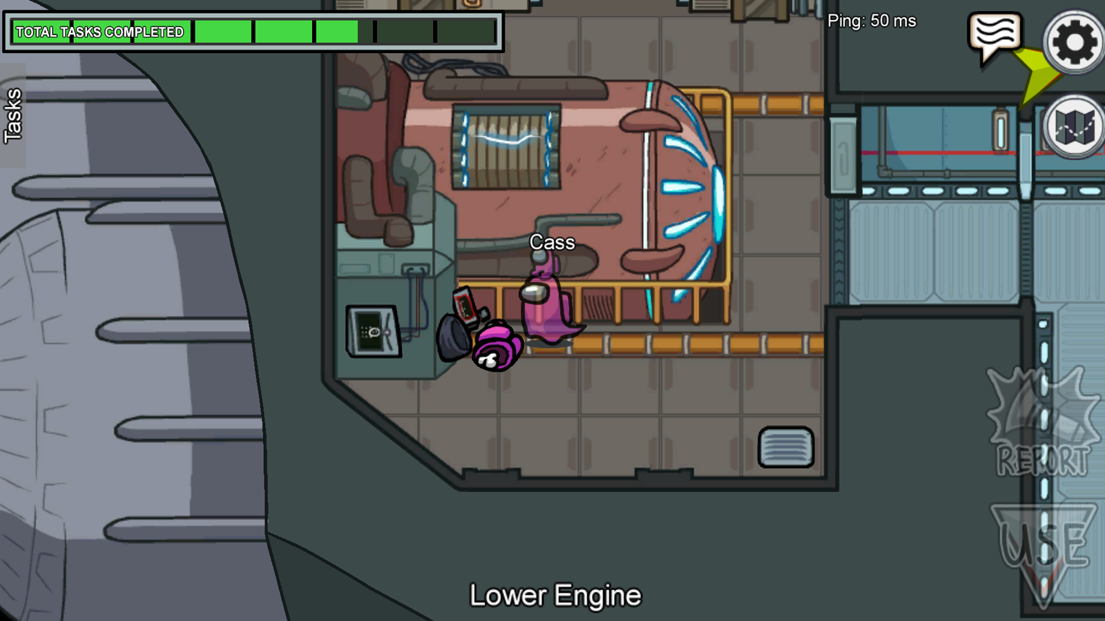 Among Us - a ghost stands above their own dead body in the engine room