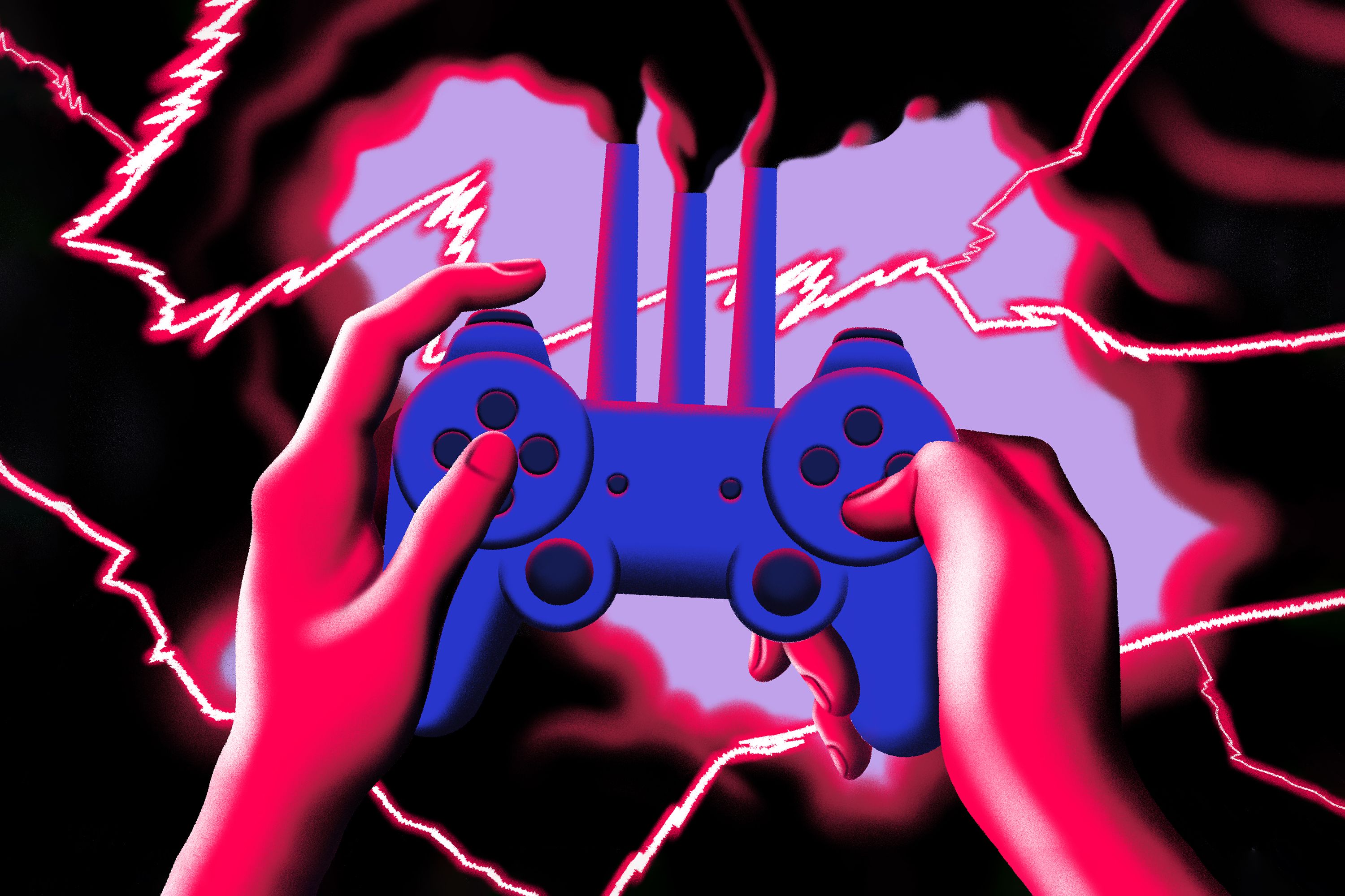 Two hands hold a controller with smoke stacks emanating from the top of the device. Black smoke spews out the top, flooding the stormy air with dark clouds. Neon pink lightening breaks the sky. Illustration.