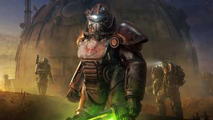 Fallout 76 - a Brotherhood of Steel character faces the camera, in full power armor.