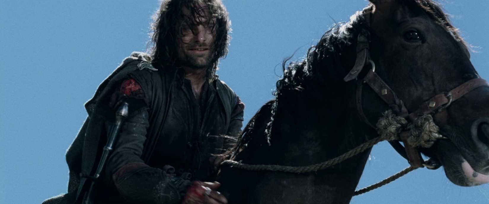 A grateful Aragorn strokes the neck of his loyal horse in The Lord of the Rings: The Two Towers. 