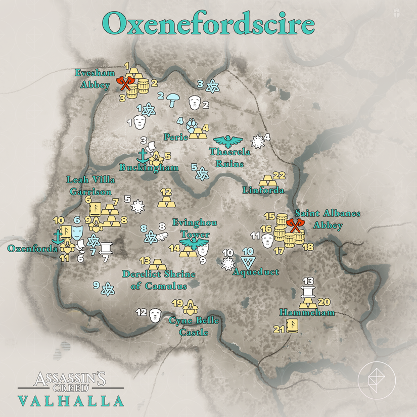 All Assassin's Creed Valhalla Oxenefordscire Wealth, Mysteries, and  Artifacts locations map