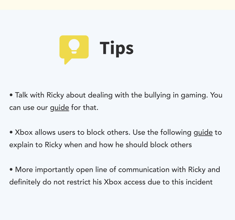 Text on a page containing tips to parents concerned about their child’s safety online.