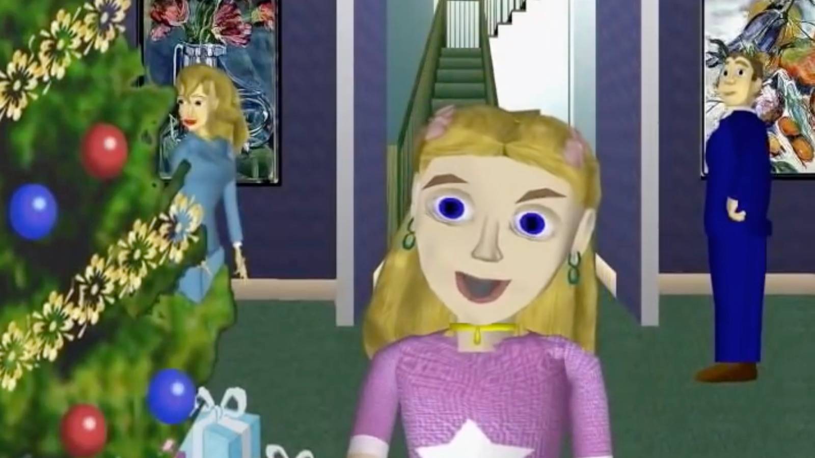 A terrifying little girl smiles wide at the Christmas tree in Rapsittie Street Kids: Believe in Santa