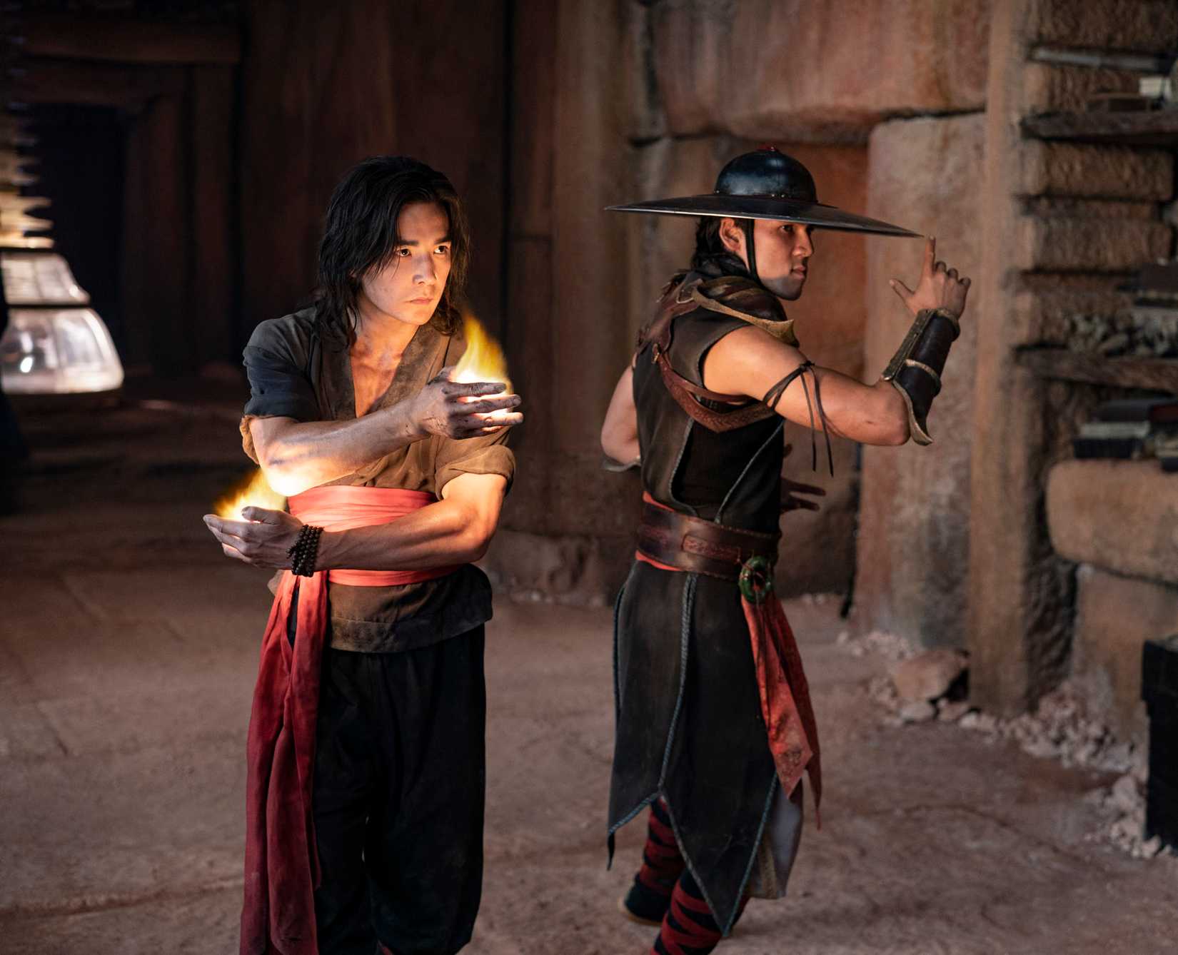LUDI LIN as Liu Kang and MAX HUANG as Kung Lao in Mortal Kombat (2021)
