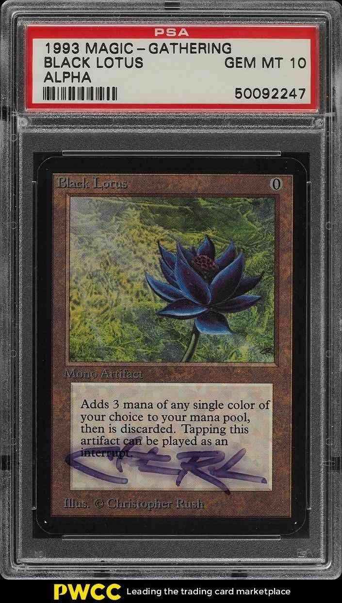 The PSA graded Black Lotus in its case, signed by Christopher Rush.
