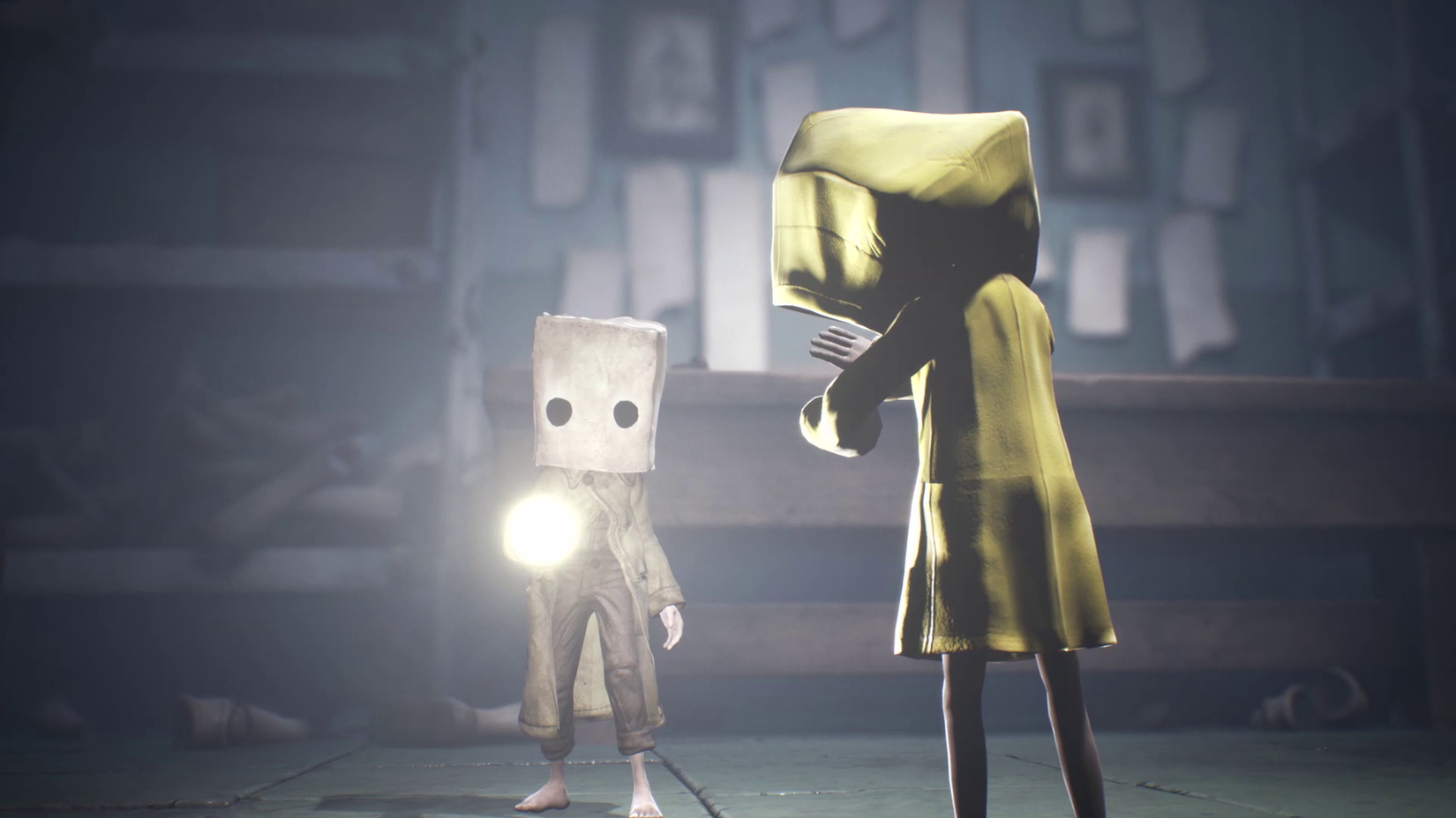 Mono shines a flashlight at Six in Little Nightmares 2