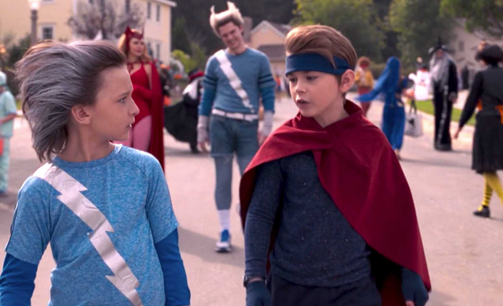 Billy and Tommy in Wandavision walking in Quicksilver and Wiccan costumes