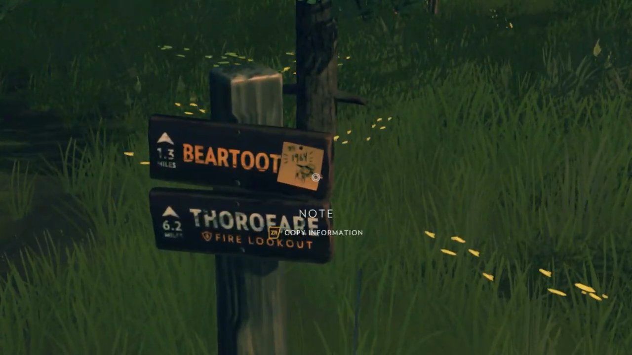 A sticky note on a sign in Firewatch. The note says 1964
