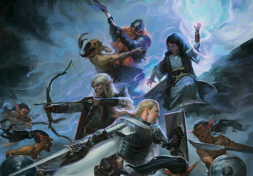 Dungeons and Dragons - promotional art where a party of adventurers, including an elven ranger and a dwarf warrior, work as a team against a pack of goblins