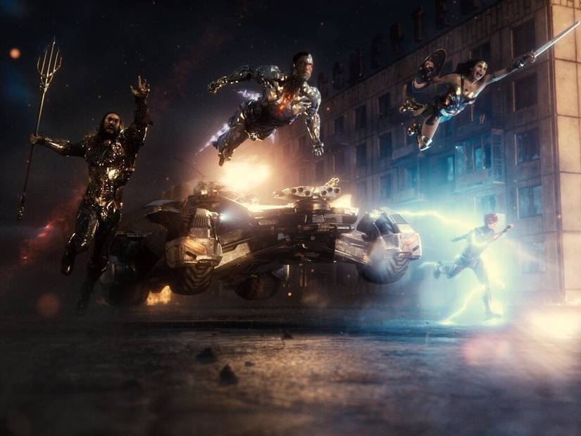 Aquaman, Cyborg, the Batmobile, Wonder Woman, and the Flash charge into battle in Zack Snyder’s Justice League