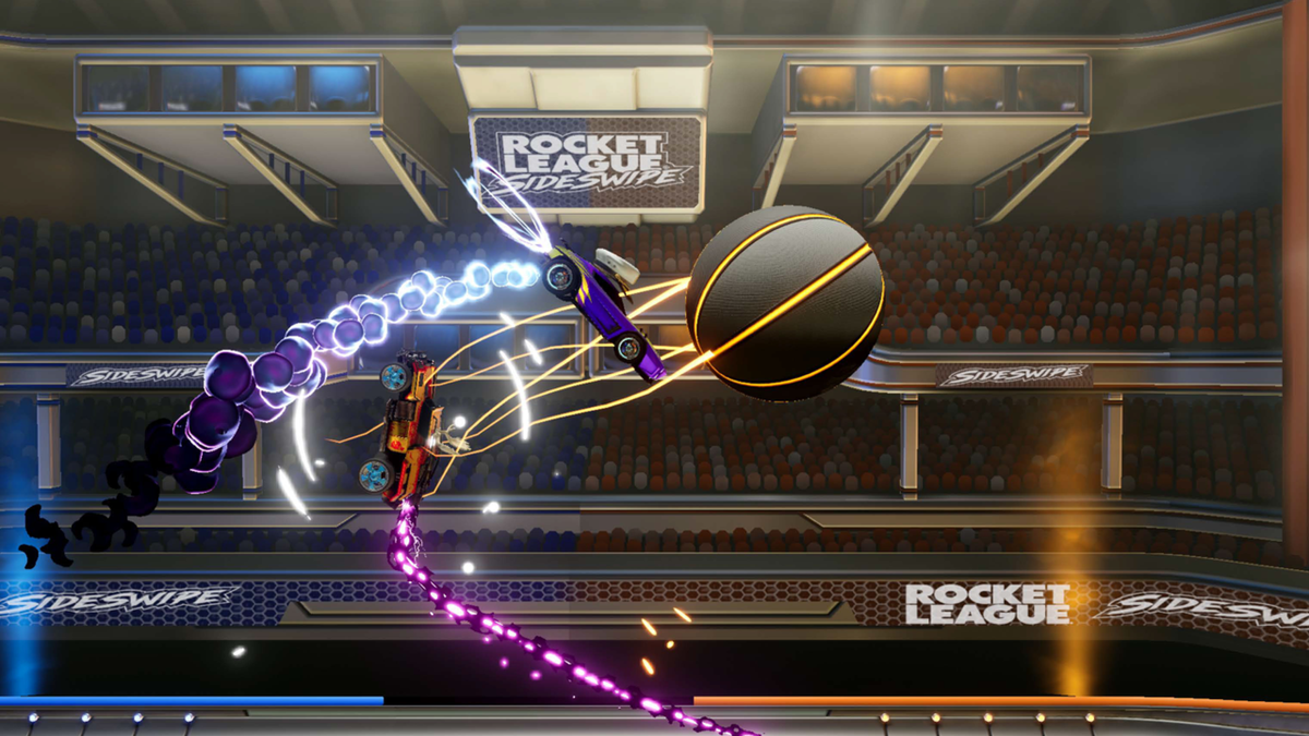 Cars flipping through the air chasing a ball in Rocket League Sideswipe
