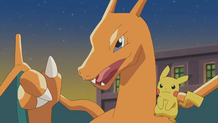 Charizard giving a thumbs up with a pikachu on its shoulder