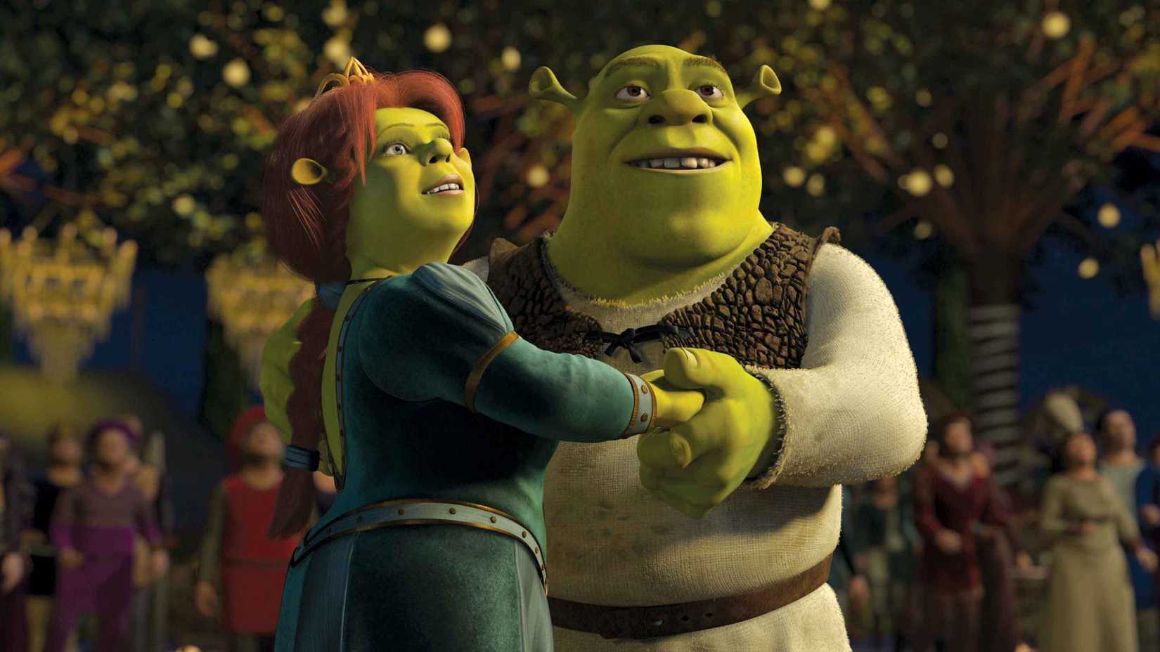 Shrek holding hands with his wife Fiona in Shrek 2
