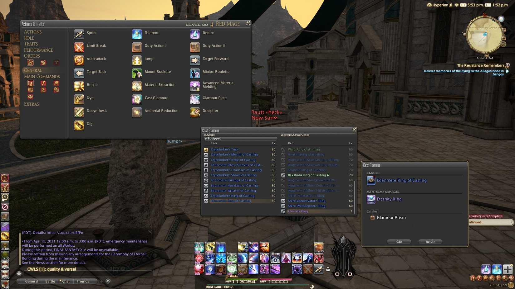 Une capture d'écran de Final Fantasy 14 présentant les menus nécessaires pour glamourer manuellement les éléments