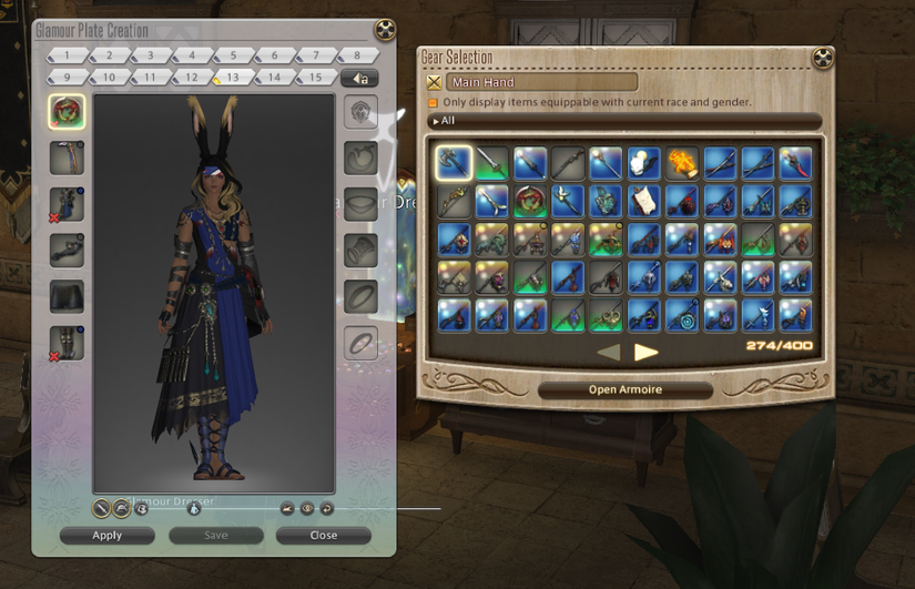 Un écran de menu Final Fantasy 14 qui montre à la fois la Glamour Dresser et les Glamour Plates ouvertes