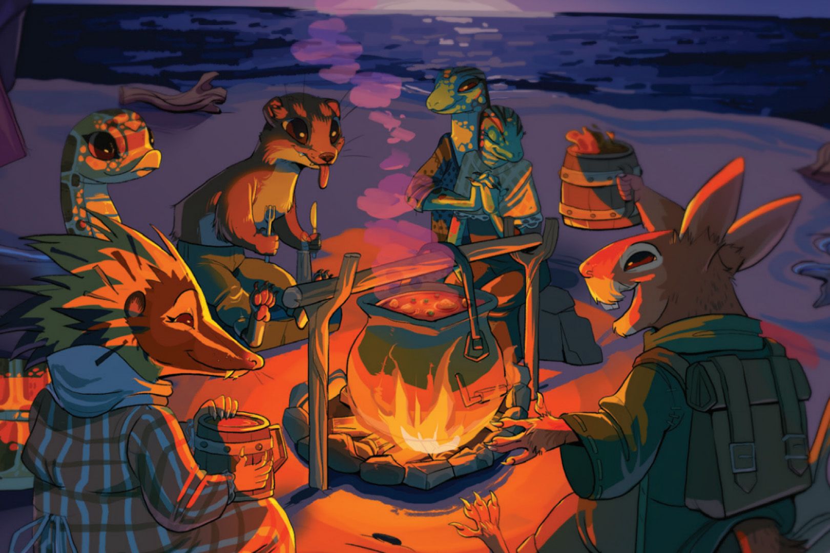 A weasel, a snake, a possum, a rabbit, and a lizard couple sit around a roaring fire at night. A stew is simmering.