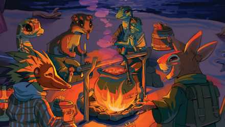 A weasel, a snake, a possum, a rabbit, and a lizard couple sit around a roaring fire at night. A stew is simmering.