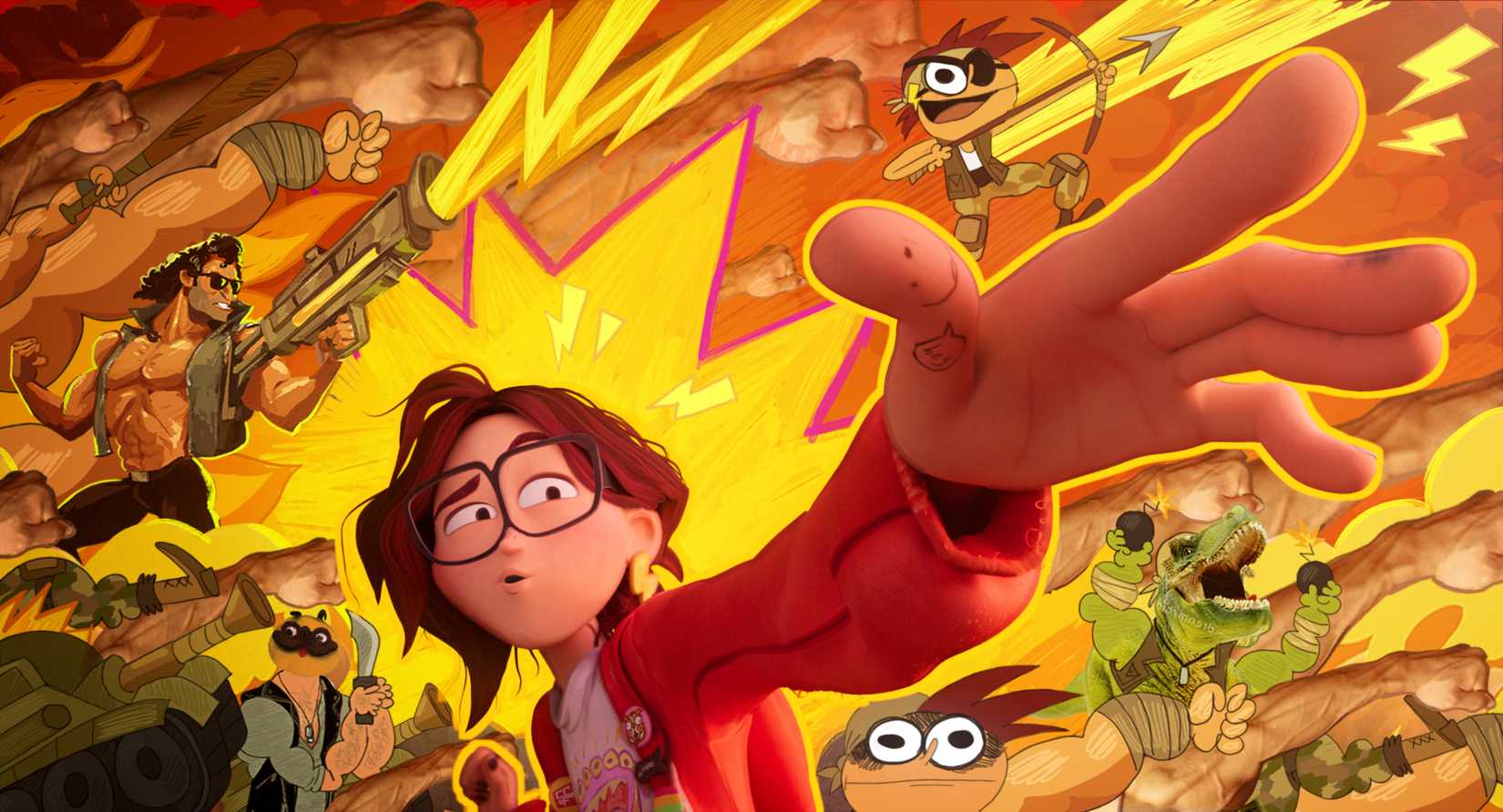 Katie Mitchell strikes a triumphant pose in the animated film The Mitchells vs. the Machines.