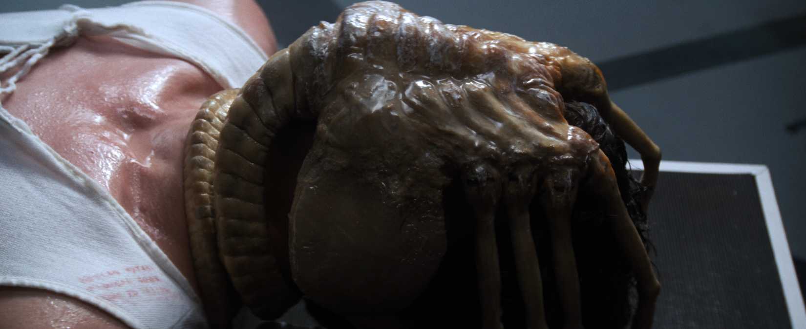 FaceHugger एक आदमी के चेहरे को विदेशी में गले लगाता है