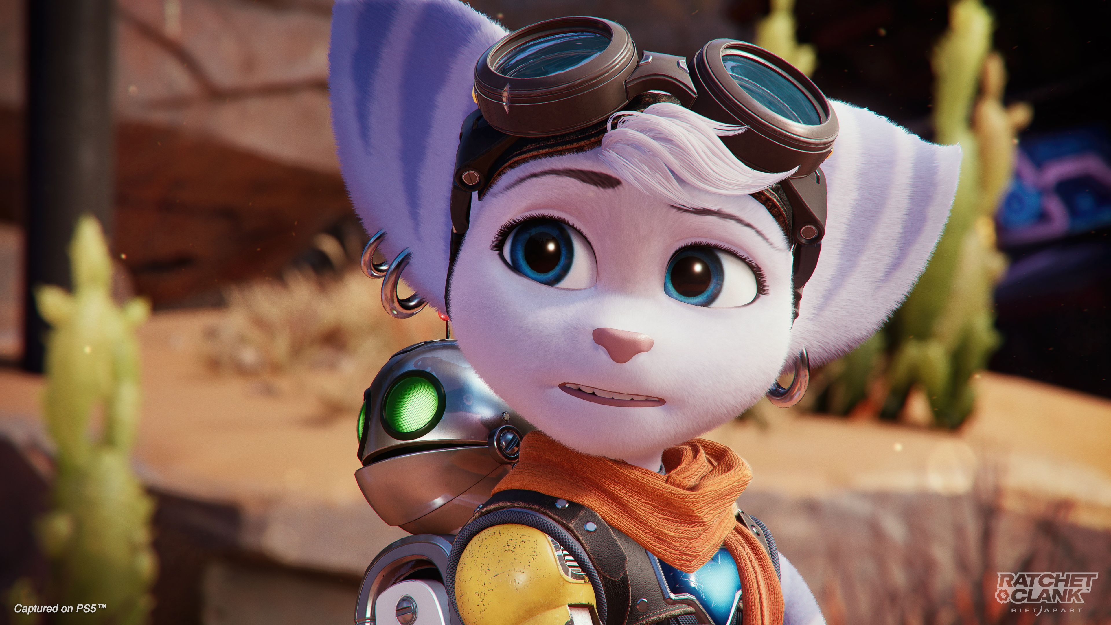 A close-up shot of Rivet (wearing Clank) in Ratchet &amp; Clank: Rift Apart.