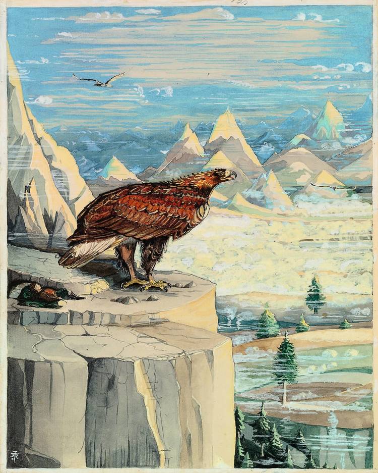 A giant eagle roosts on a mountaintop, with Bilbo Baggins reclining nearby.
