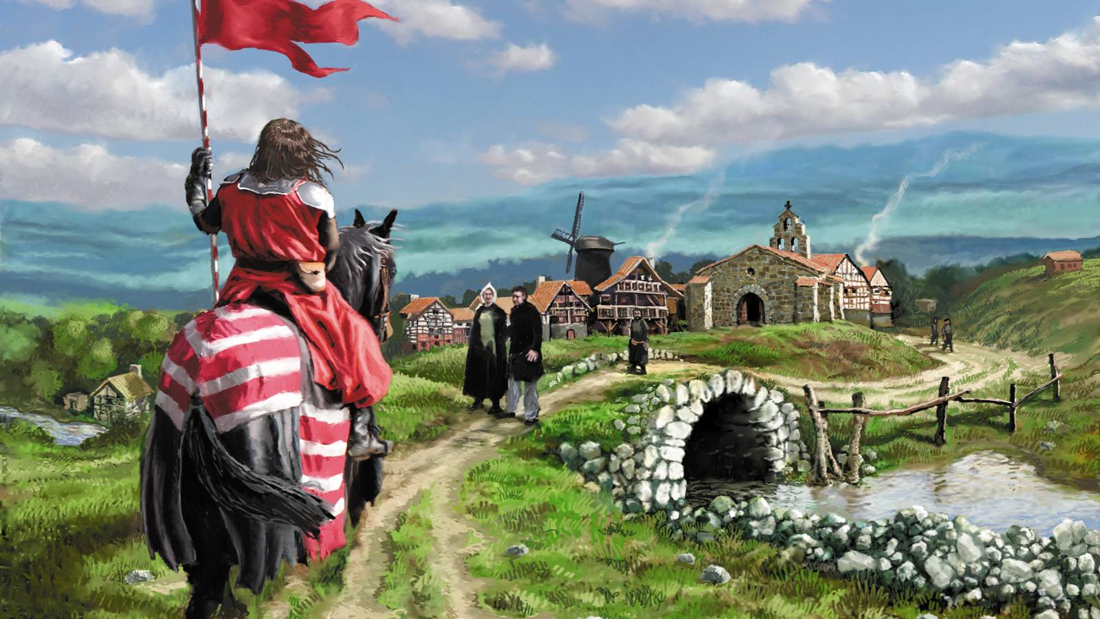 A knight riding along a rural road in key art for Dominion.