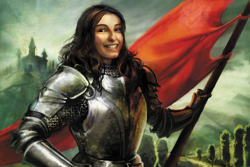 A female knight holding a red banner in card art for Dominion.