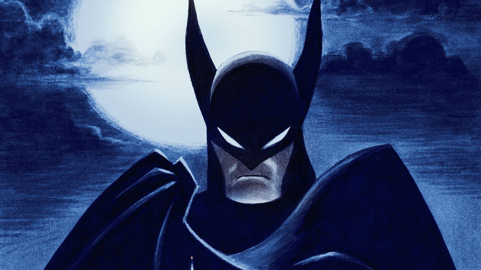 Batman raises his cape, silhouetted against a pale moon, in promotional art for Batman: Caped Crusader.