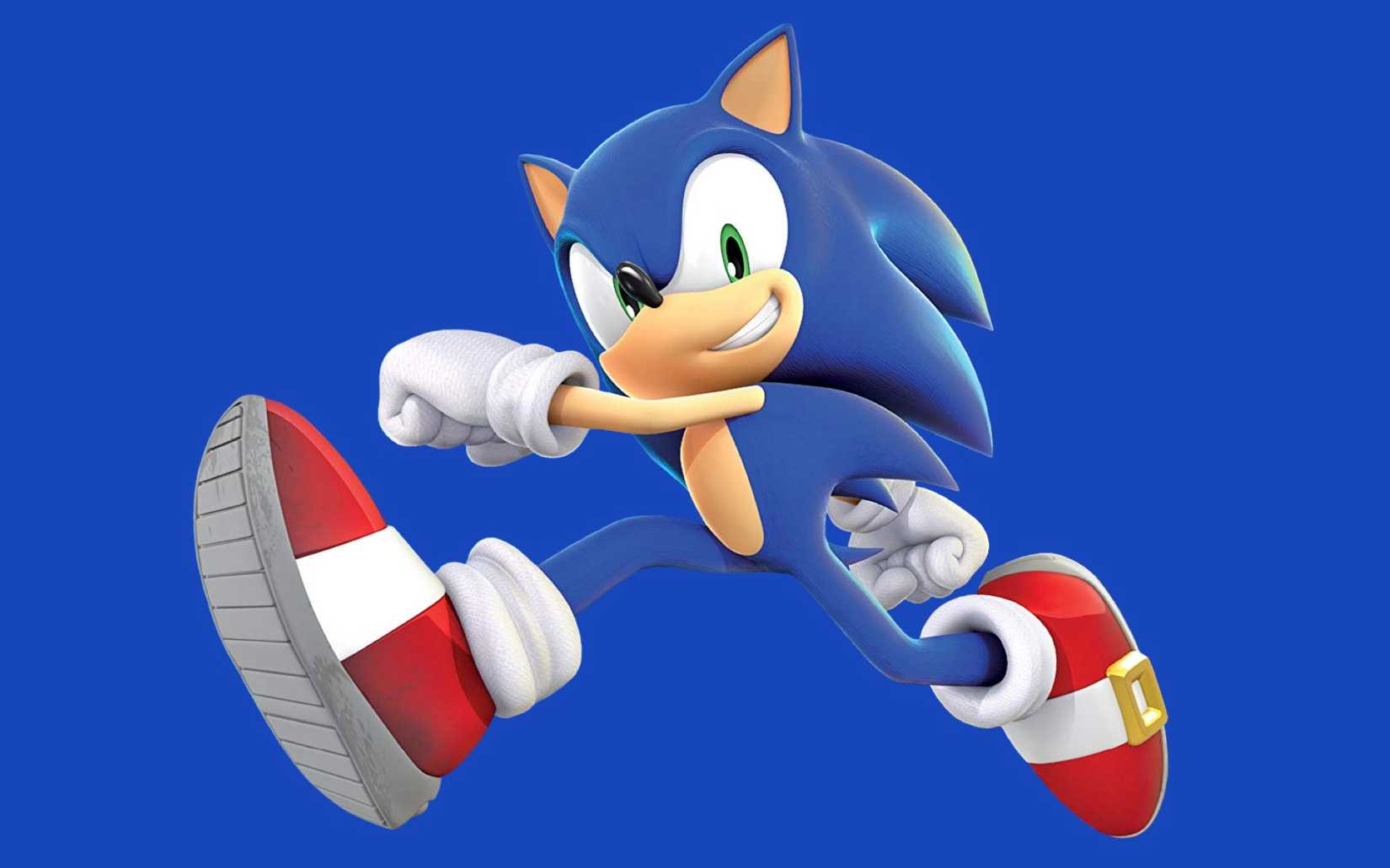 Artwork of Sonic the Hedgehog on a blue background