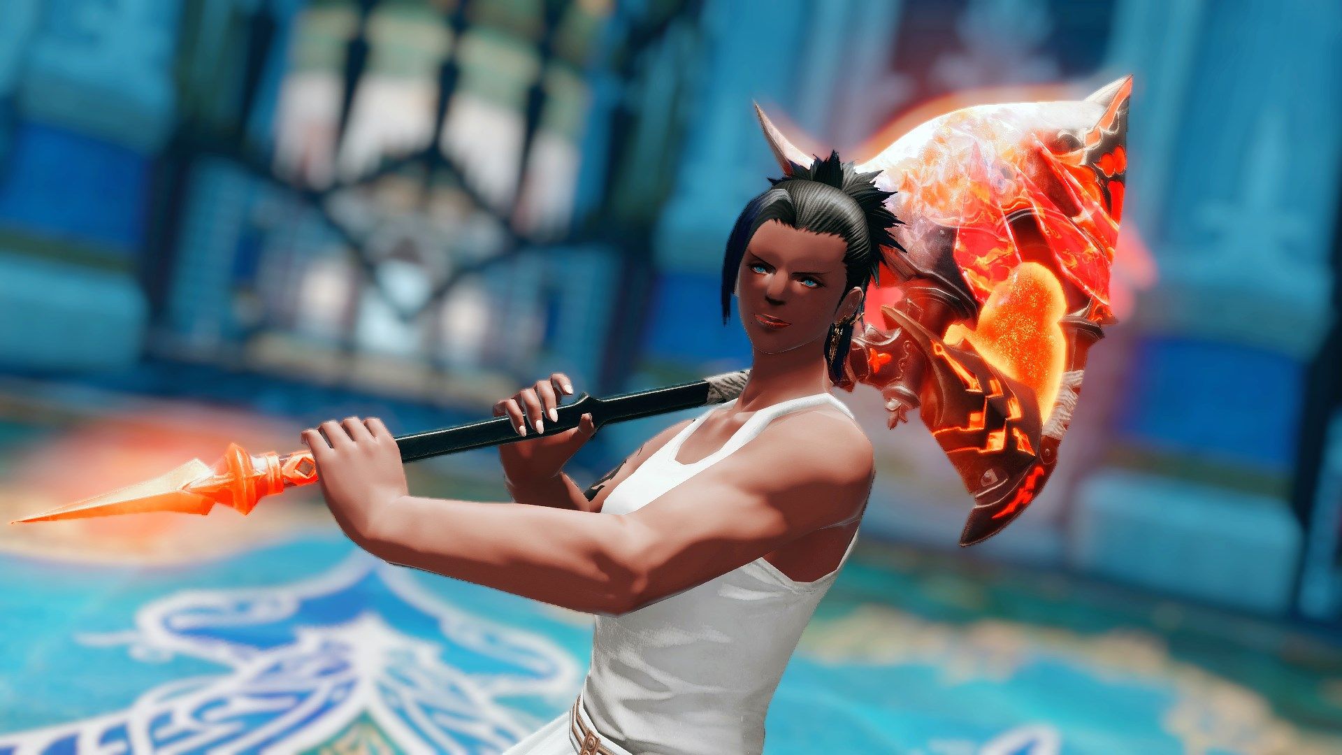 A female roegadyn holds up the Blade’s Axe
