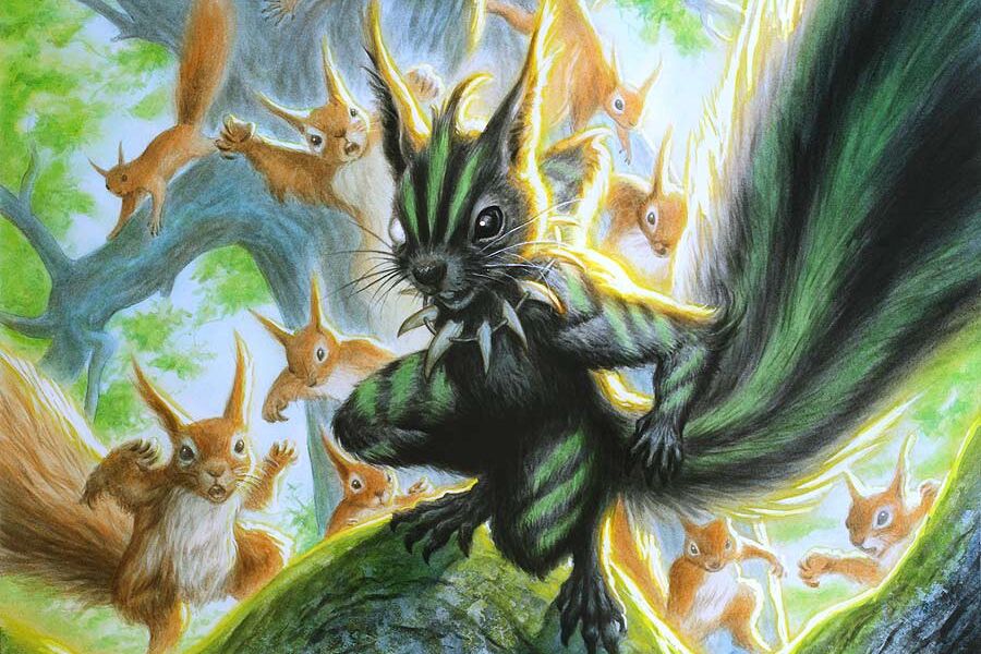 A squirrel in war paint leads a horde of his kin into battle... I guess.