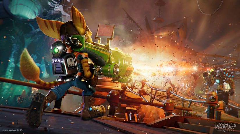 Ratchet uses a rocket launcher in Ratchet &amp; Clank: Rift Apart