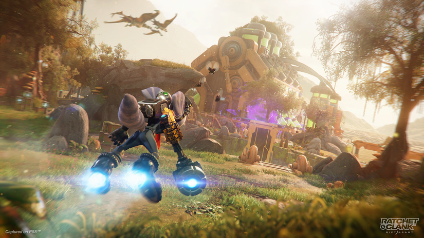Rivet glides on her Hoverboots in Ratchet &amp; Clank: Rift Apart