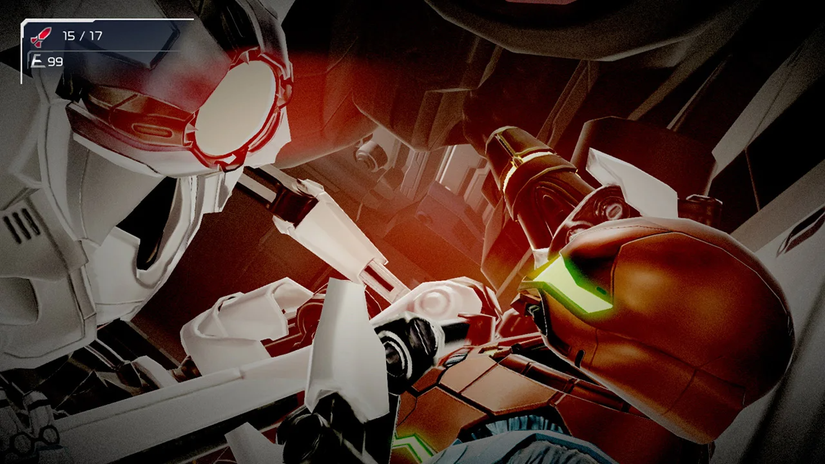 Samus Aran faces off against one of the E.M.M.I. robots in Metroid Dread