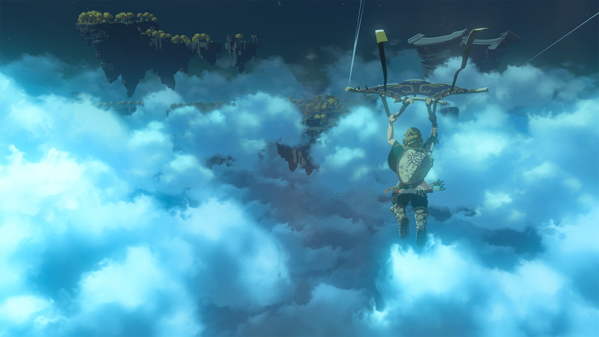 Link sailing through clouds at night using his Paraglider in the sequel to The Legend of Zelda: Breath of the Wild