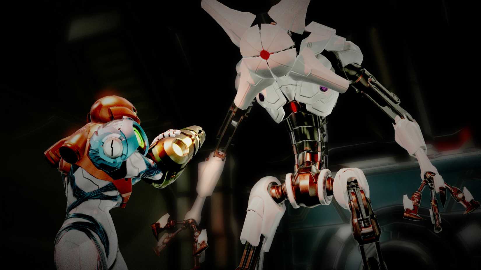 Samus Aran takes aim at an EMMI in Metroid Dread