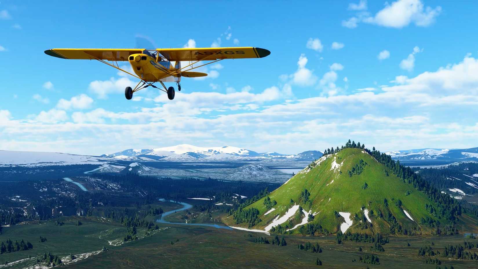 A plane flies over Mælifell volcano in Iceland in a still from Microsoft Flight Simulator