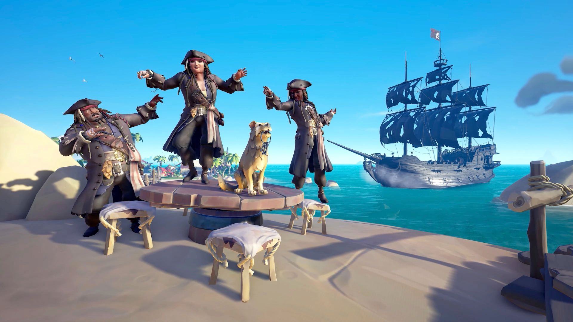 A trio of pirates wear Jack Sparrow gear in Sea of Thieves